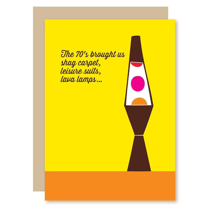 Greeting card with lava lamp illustration and text on a yellow and orange background