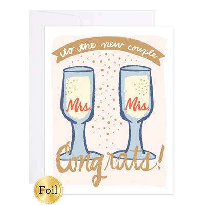 Line drawing of two stemmed wine glasses, each labeled Mrs., with gold foil text on a rose background