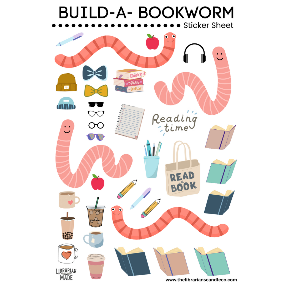 Sticker sheet titled 'Build-a-Bookworm' with 36 illustrations of a worm, books, and reading-related items.