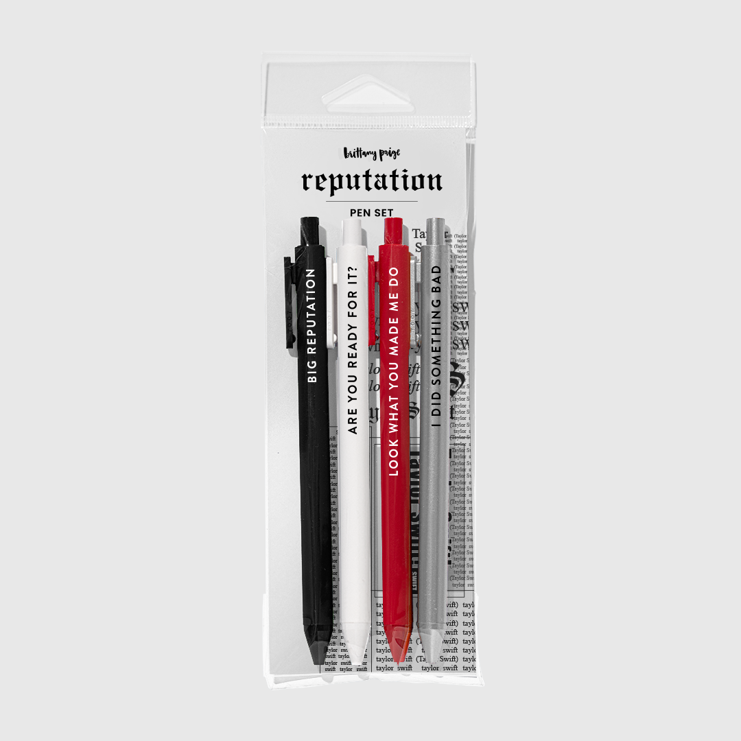 The four pens in their packaging labeled "reputation."