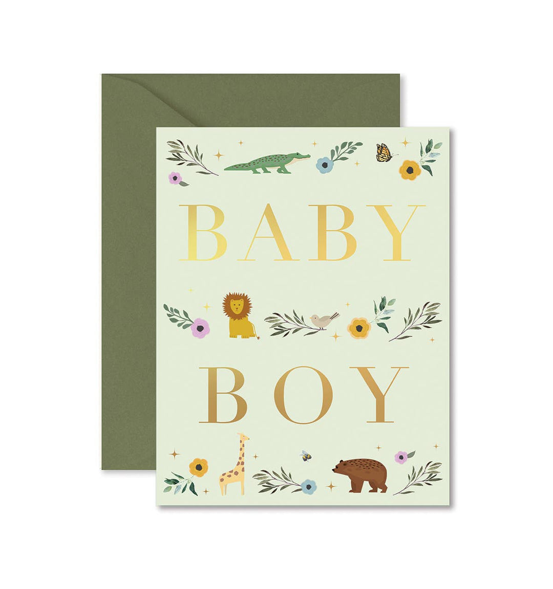 Front of card with 'Baby Boy' text and illustrations on a light green background, accompanied by a green envelope.