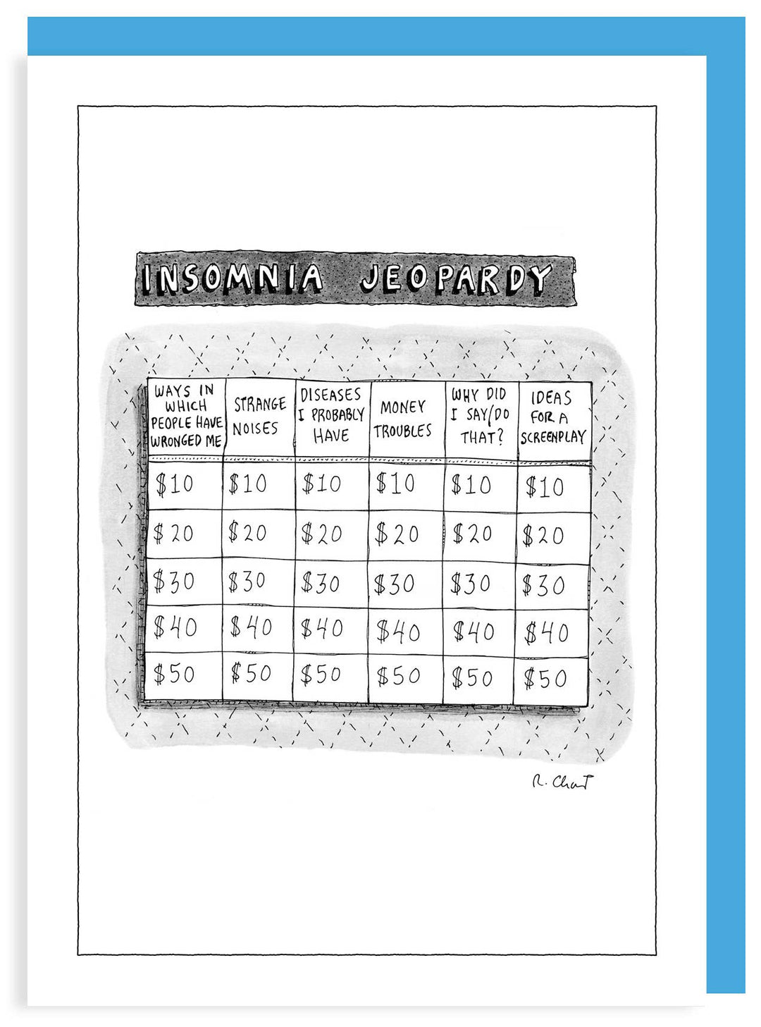 A Jeopardy-inspired game board with six categories and individual answer cards ranging in value from $10 to $50.