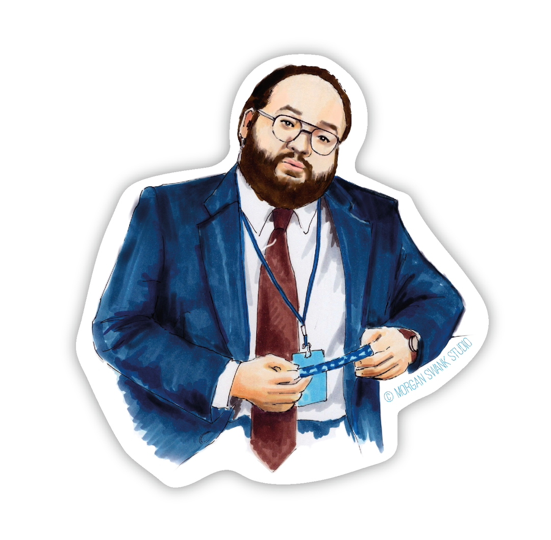 Illustration of Dylan in a suit holding a blue object 