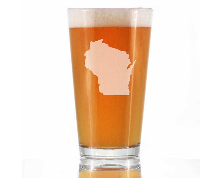 Pint glass with a map of Wisconsin etched into it, filled with beer.