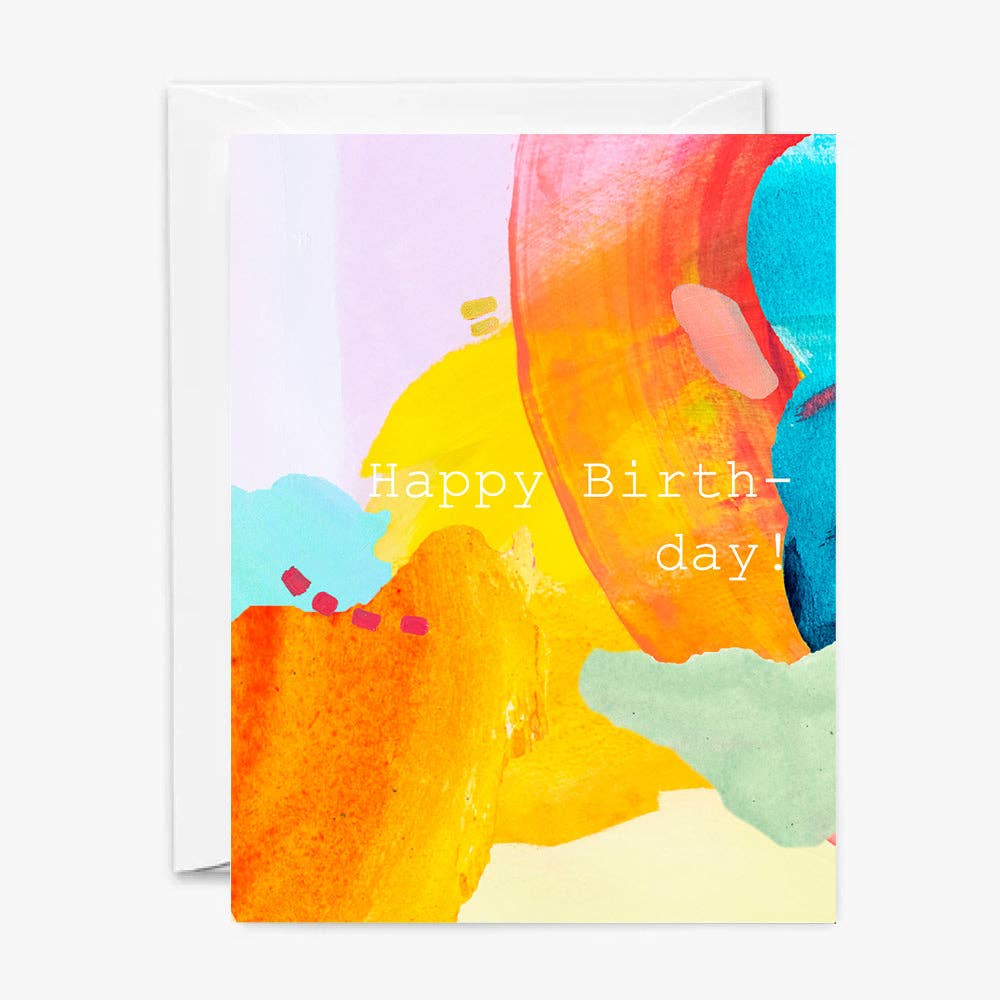 Front of a colorful abstract birthday card with 'Happy Birthday!' text in white.