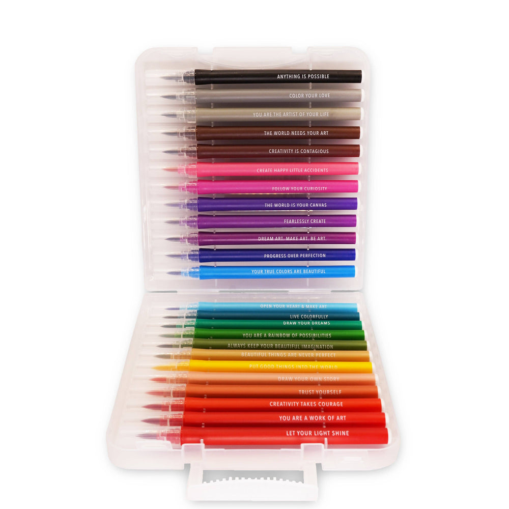 Case of watercolor pens open to show all 24 colors, each with a message to encourage creativity.