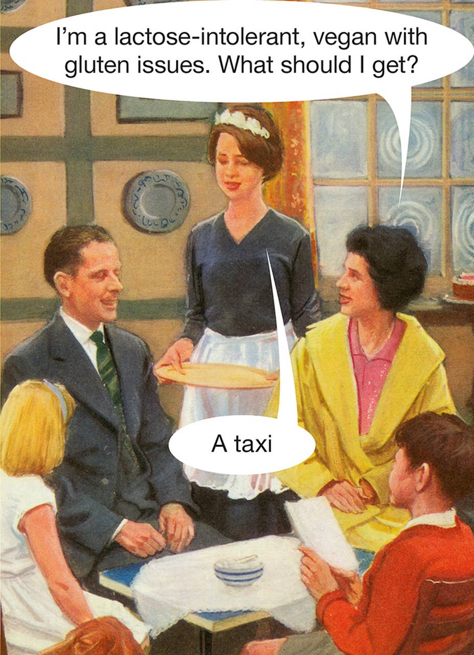 Classic Ladybird Book image of a restaurant where a waitress is taking the order from a family of four, sitting around a small table. The mother expresses her dietary limitations and the waitperson curtly responds.