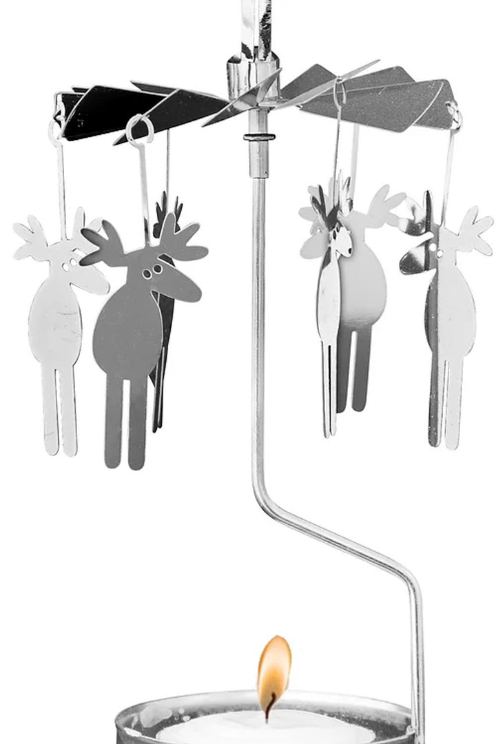 Tea light in a silver holder with vertical arm supporting a carousel of six moose.