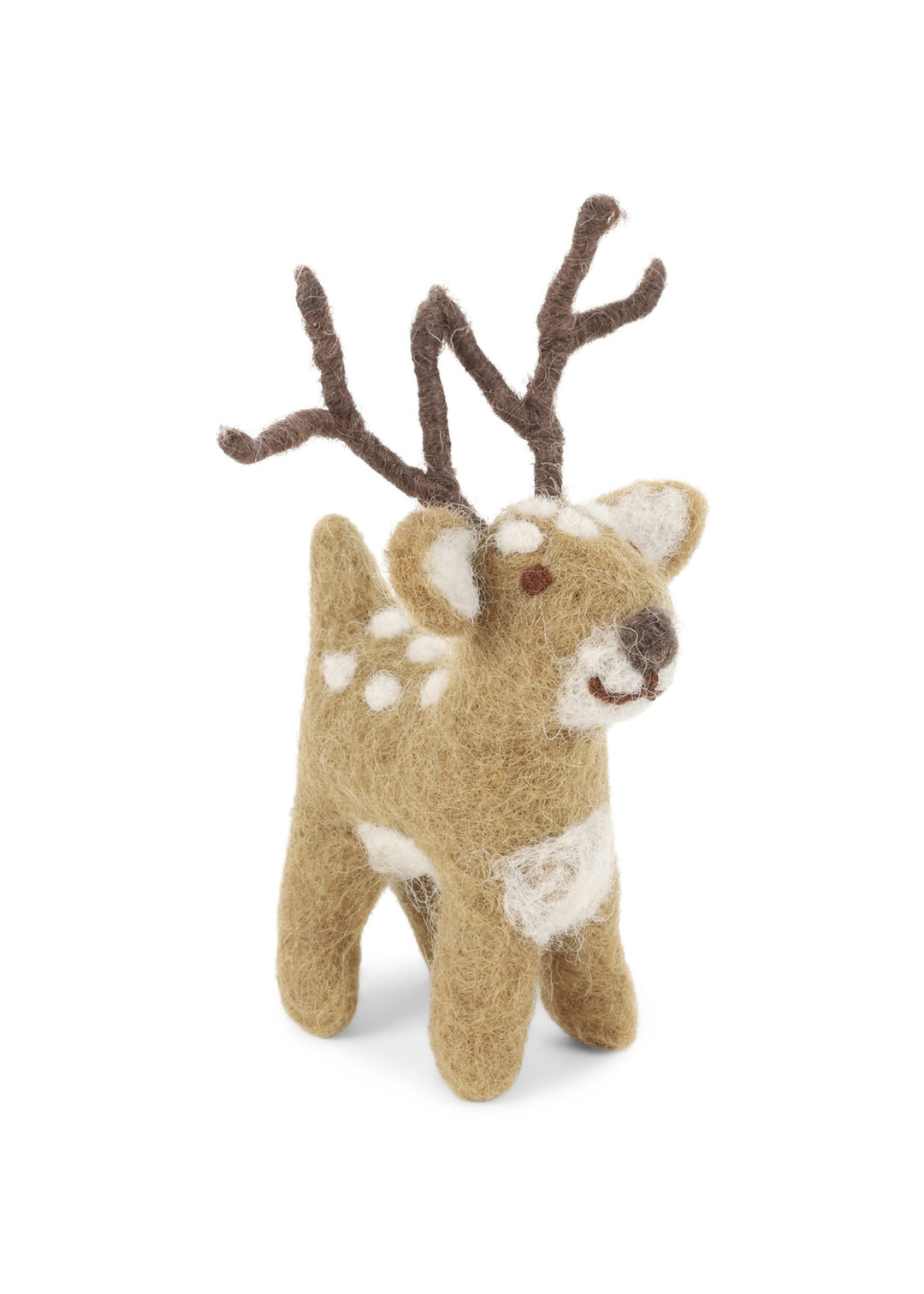 Smiling light brown deer with white spots and dark grey antlers.