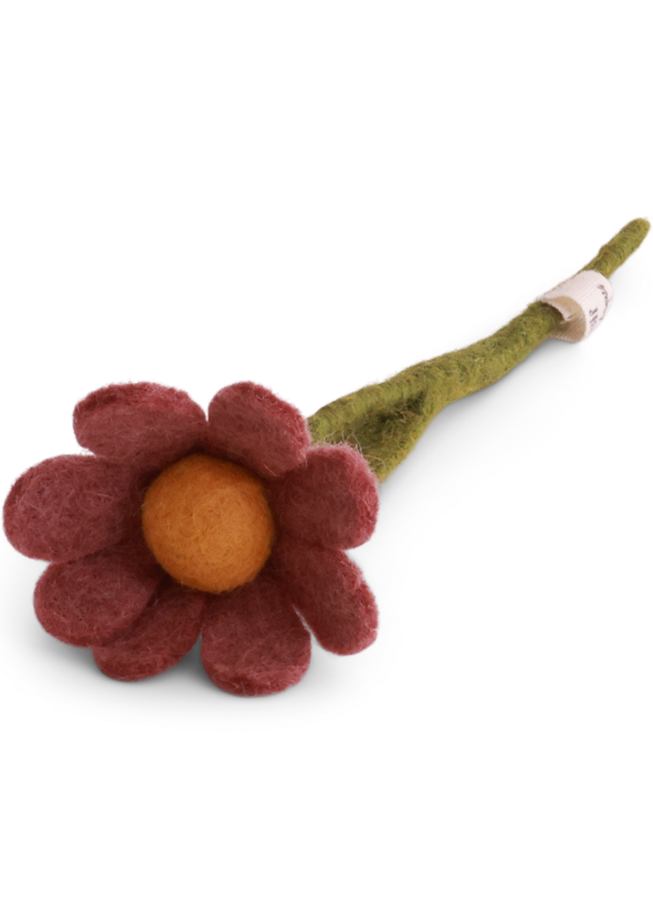 A felt flower stem decoration with dark red petals, a textured orange center, and an olive green stem