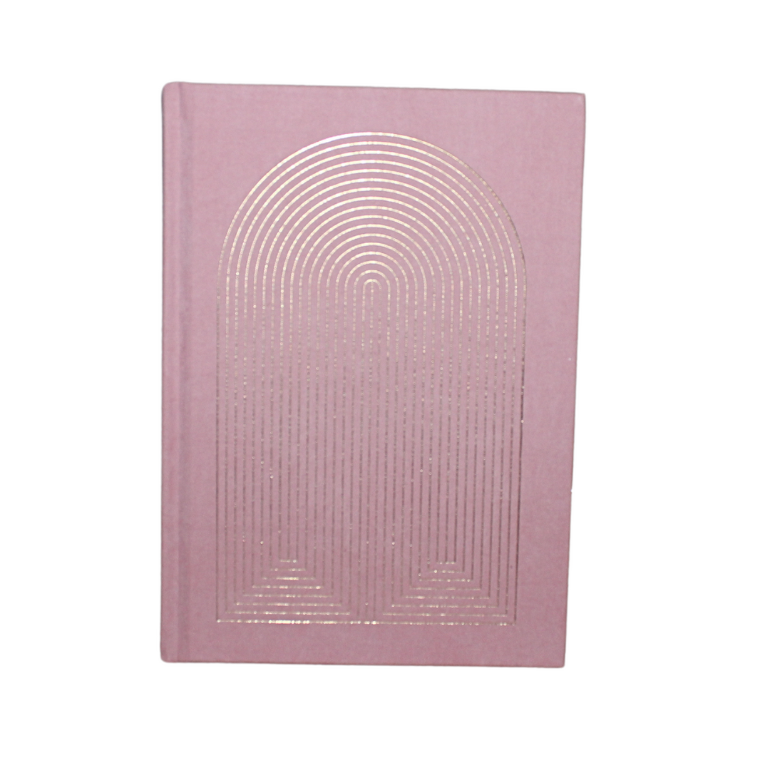 Gold concentric arches on a pink cover.