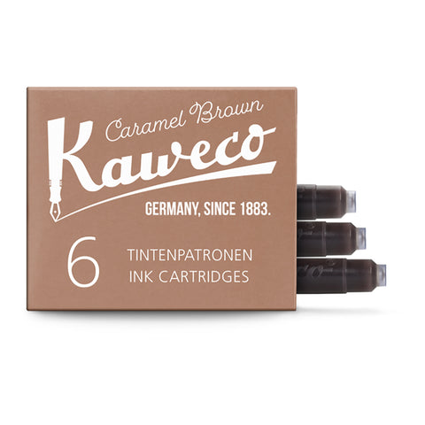 Tan box of six Kaweco Caramel Brown  ink cartridges with three cartridges pulled out of the box and Kaweco branding.