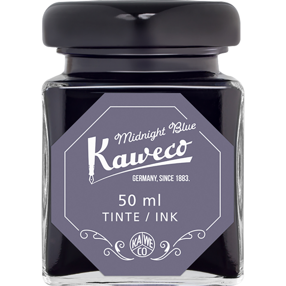 Bottle of Midnight Blue ink with black cap and lavender label with white text. 