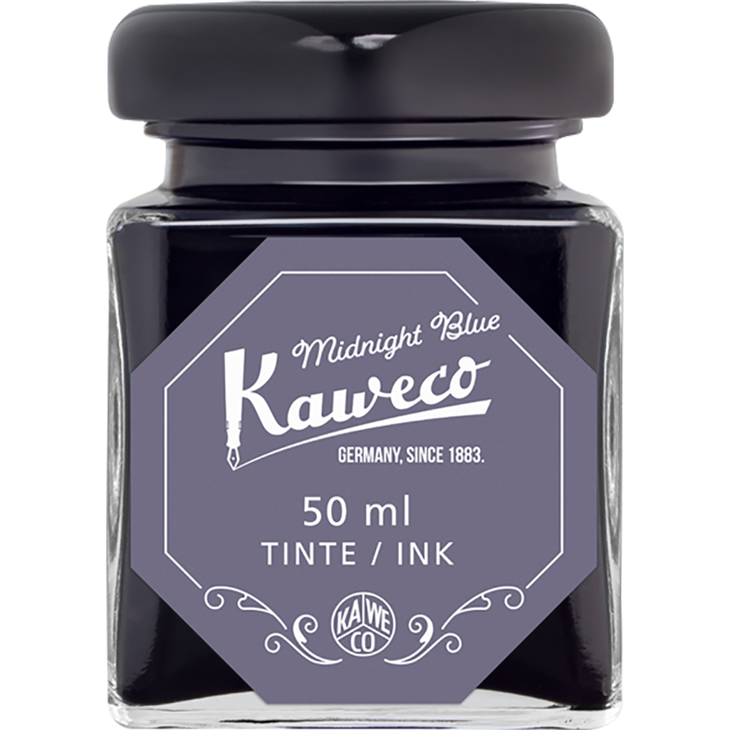 Bottle of Midnight Blue ink with black cap and lavender label with white text. 