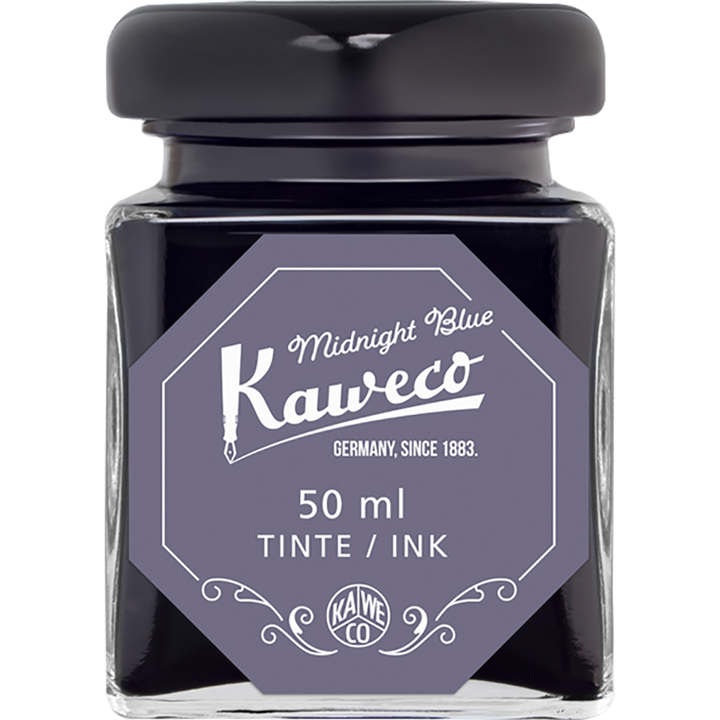 Bottle of Midnight Blue ink with black cap and lavender label with white text. 