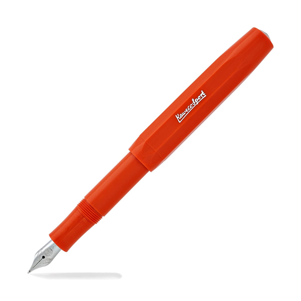 Fox (orange) skyline fountain pen with silver nib and branding, with cap placed on pen end.