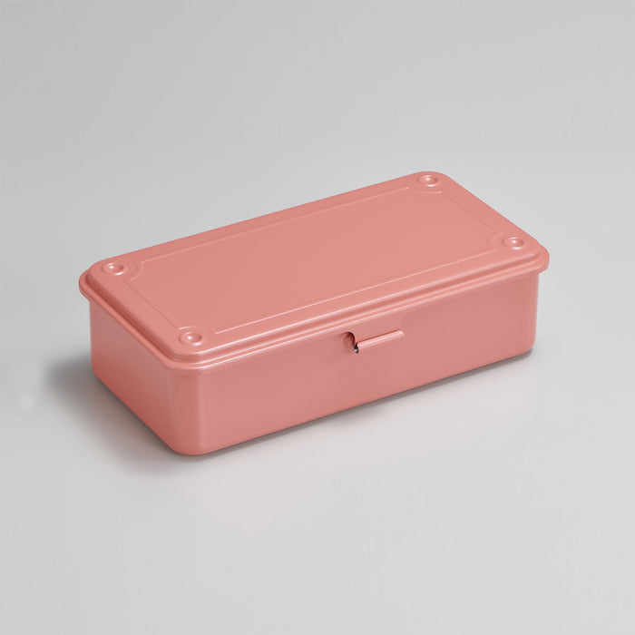 Coral storage box with clasp at center front.
