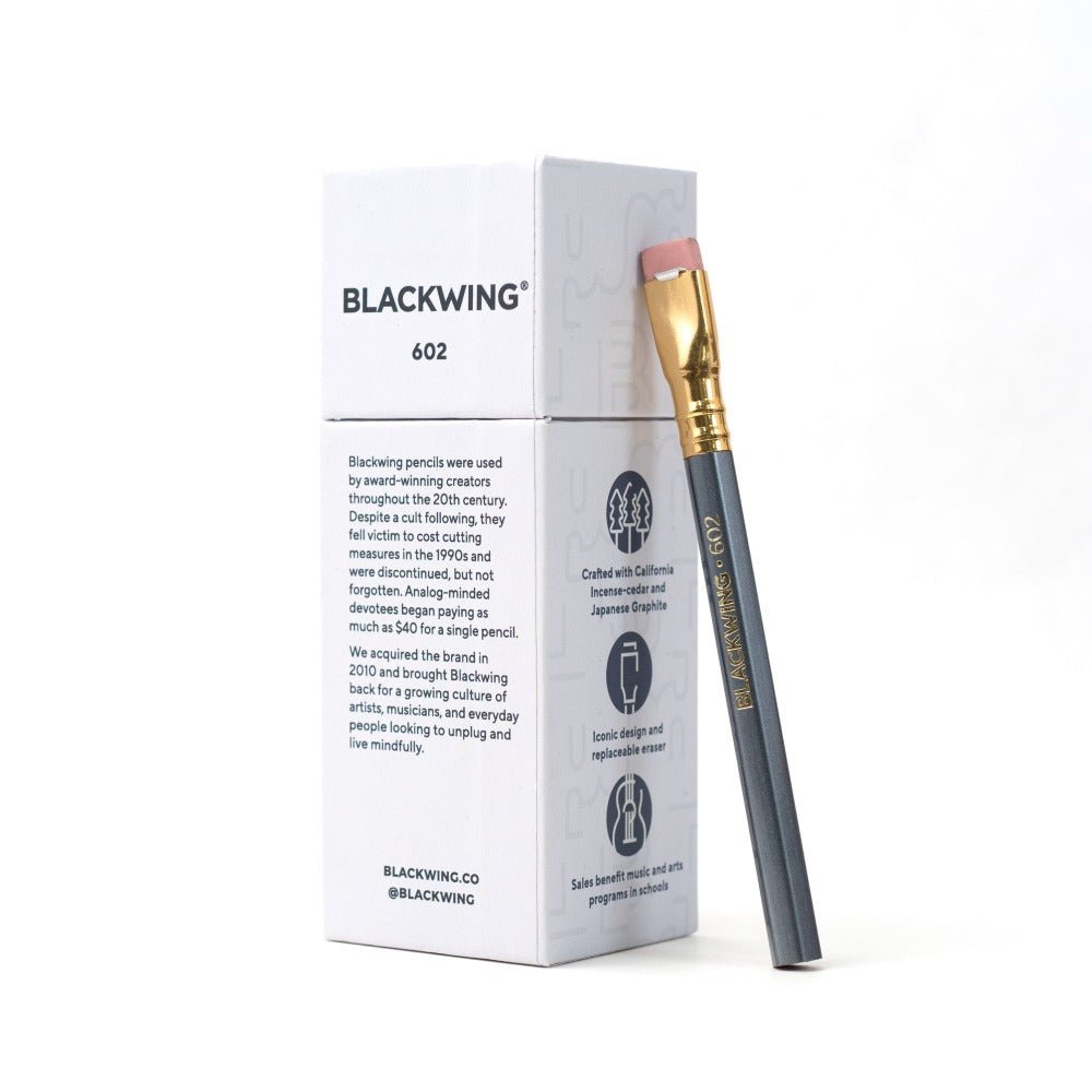 Blackwing Shorty 602 pencil leaning against a box of 12.