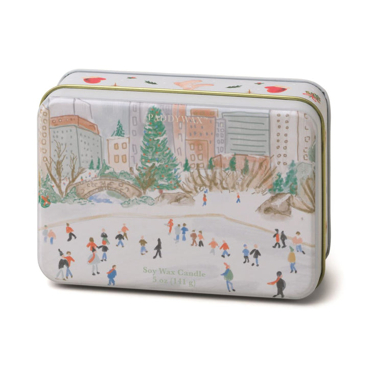 Decorative tin with a ice skaters in Rockefeller Center at Christmas time 