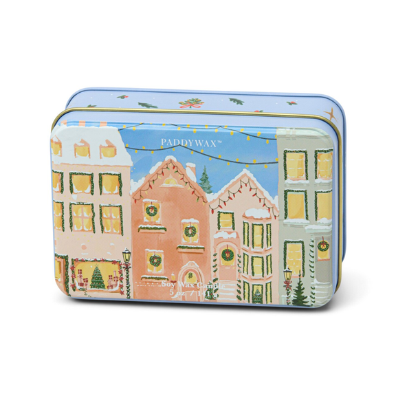Decorative tin with a festive village design 