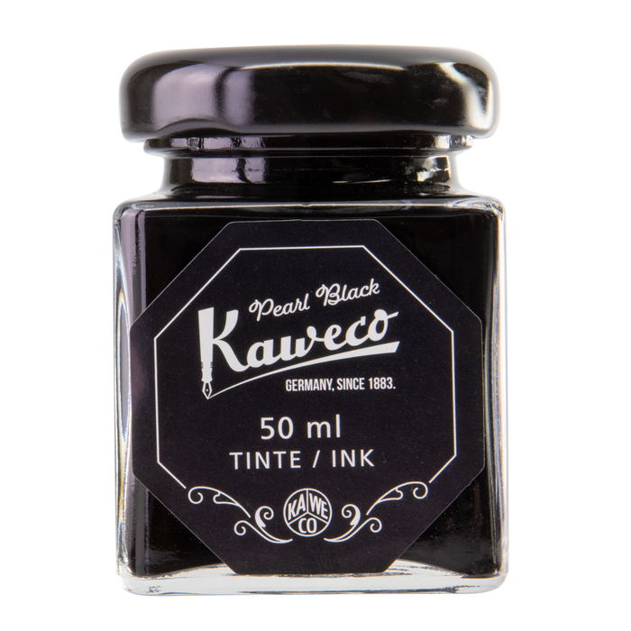 Bottle of Pearl Black ink  with black cap and black label with white text. 