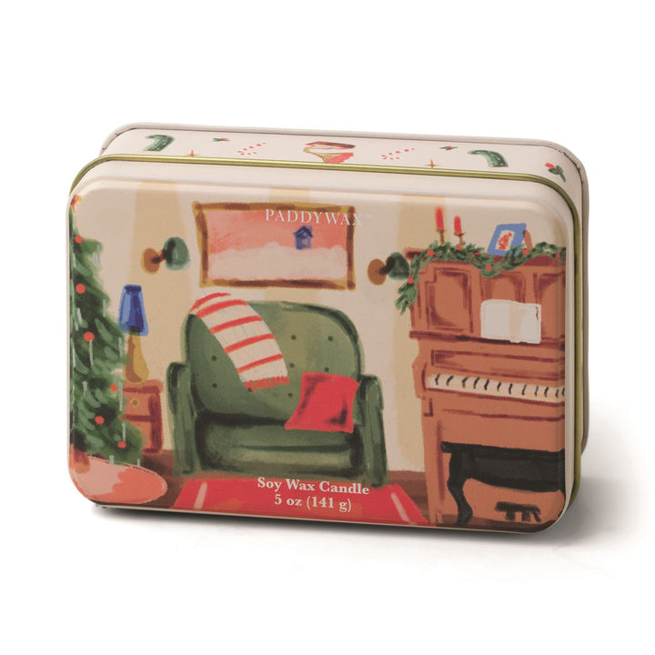 Decorative tin with cozy living room with an arm chair and upright piano