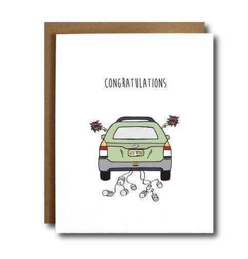 Greeting card with text Congratulations and drawing of car with a bouquet out each window and tin cans tied to the back. The license plate reads LUV WINS