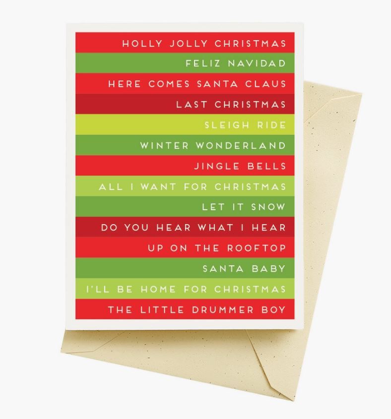 Red and green alternating stripes with the titles of familiar holiday songs.