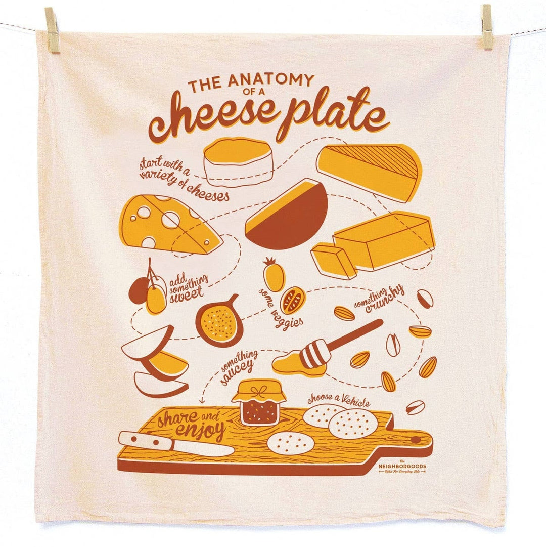 Cotton kitchen towel with the contents of a charcuterie board drawn and identified. Food illustrations drawn in yellow and dark orange.