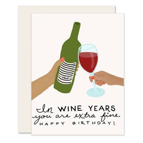 The hands of two friends, one holding a bottle of wine, the other a glass, clinking cheer. Black lettering on an off-white card.