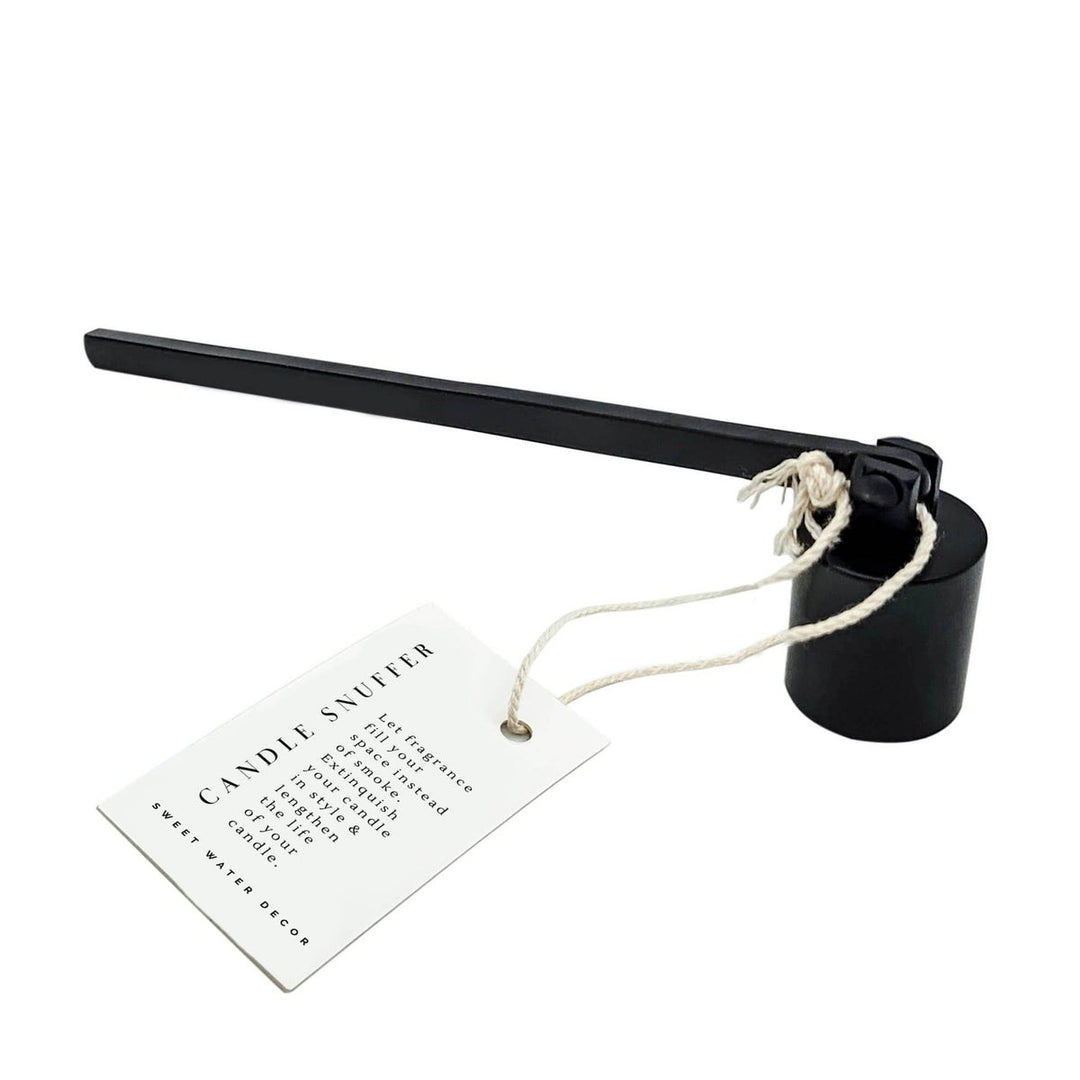 Black candle snuffer with tag that says Let fragrance fill you space instead of smoke. Extinguish your candle in style and lengthen the life of your candle.