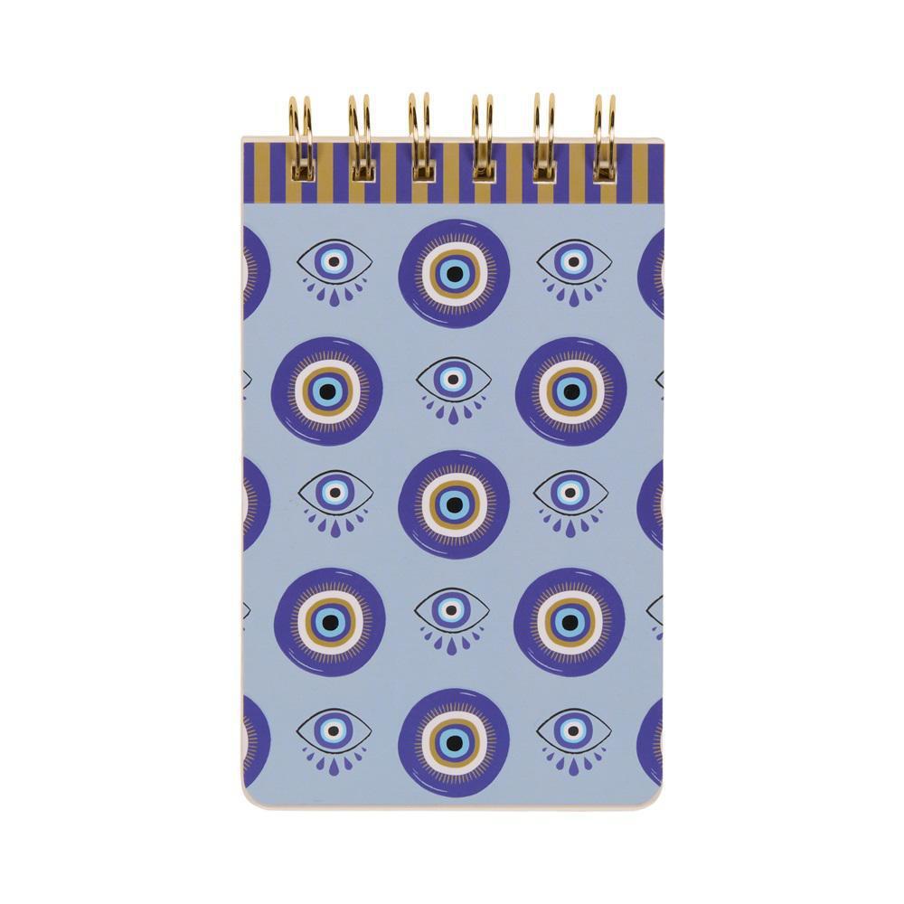 A pattern of concentric circles in purple, gold, white, and blue, alternating with a stylized evil eye in the same colors.