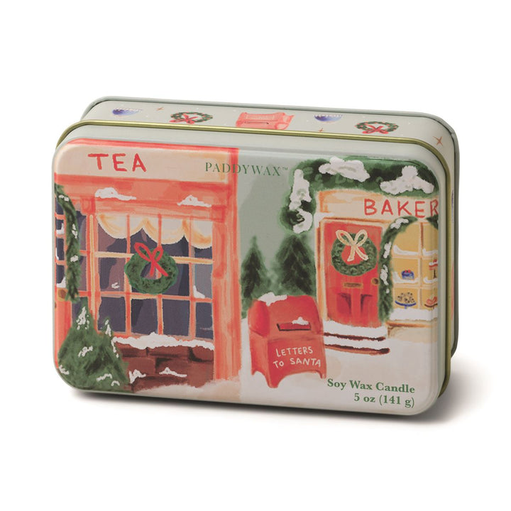 Decorative tin with decorated storefronts: a tea shop and a bakery