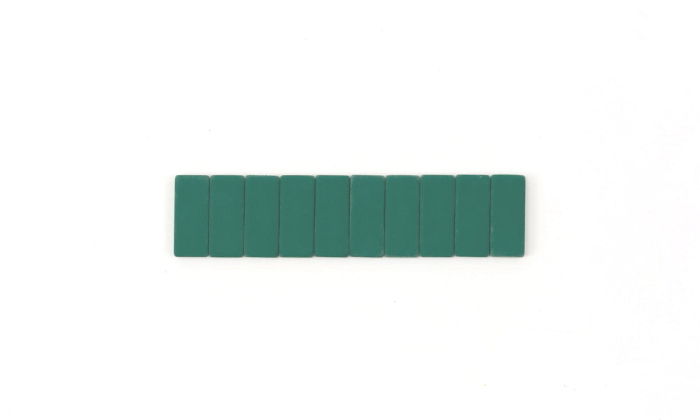 10 green pencil erasers side by side
