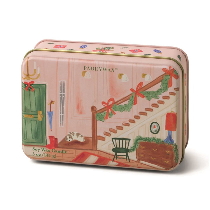 Decorative tin with interior of a home decorated with garland and ribbons