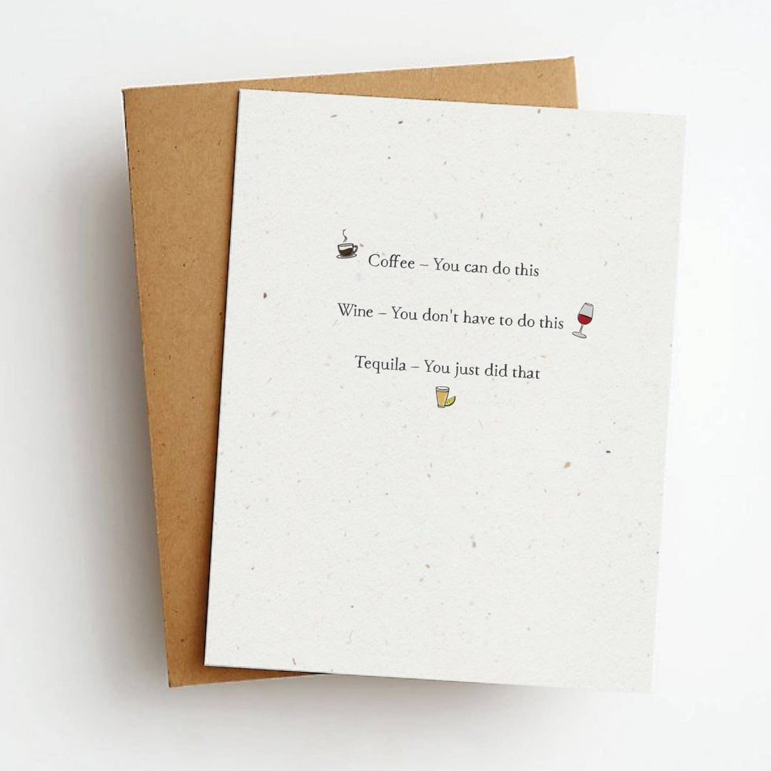 Black text in a serif font on a lightly speckled off-white card. Small images of coffee, wine, and tequila next to the text.