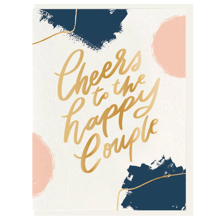 Greeting card with paint blotches and the words Cheers to the happy couple