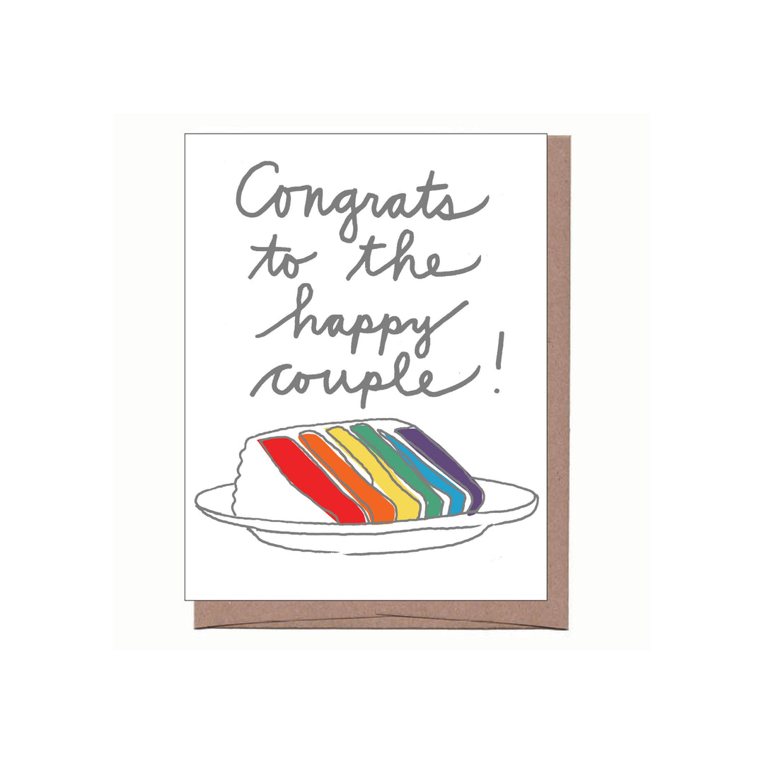 Greeting card with drawing of rainbow layer cake and text Congrats to the happy couple!