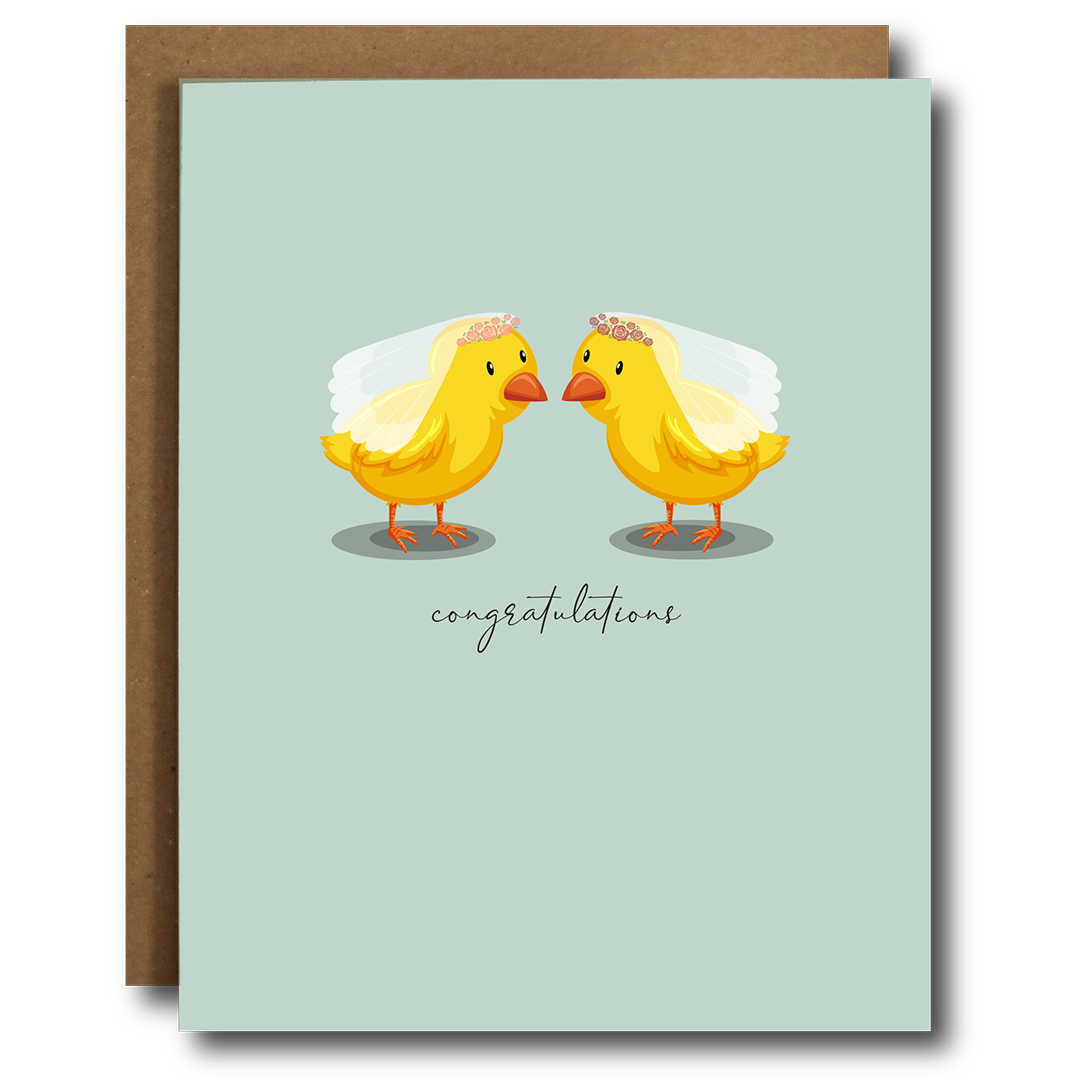 Greeting card with drawing of two baby chicks wearing bridal veils  with the word congratulations beneath.