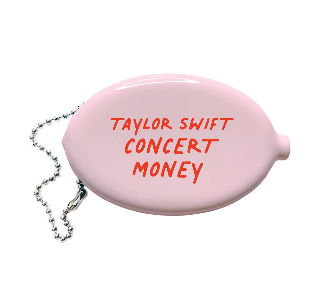 Pink coin pouch with red lettering and a silver ball change.