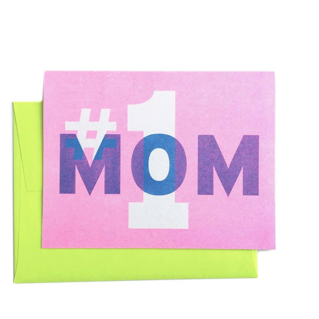 Pink card with large text #1 in white and MOM in blue. Lime green envelope.