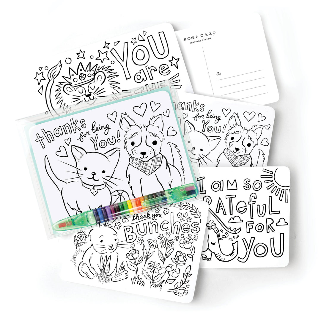 Assorted color-in postcards with crayon, featuring messages of thanks and various animals, from kitties to elephants.