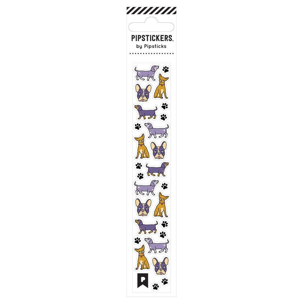 15 mini dogs or dog heads in purple and brown surrounded by 12 paw prints.