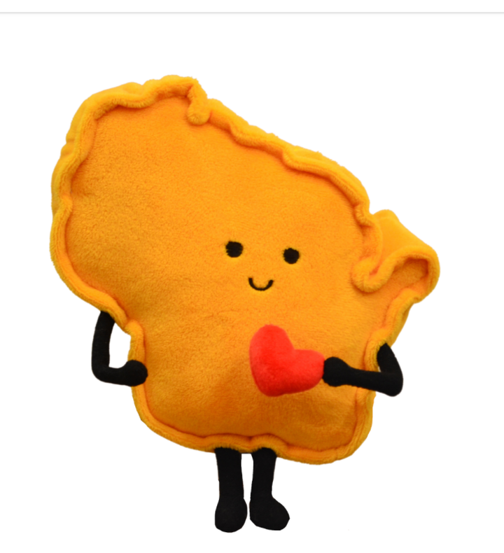 Standing yellow plushy in the shape of Wisconsin, with black legs and arms holding a red heart.