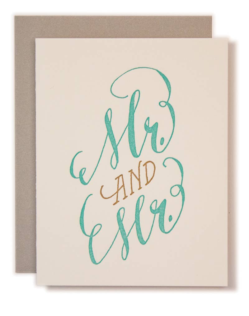 White greeting card with scrip text Mr. and Mr.