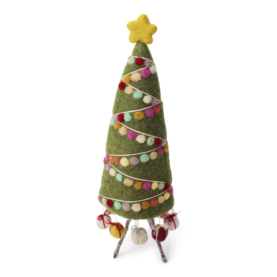 Felt Christmas tree with ornaments and presents and a yellow star on top.